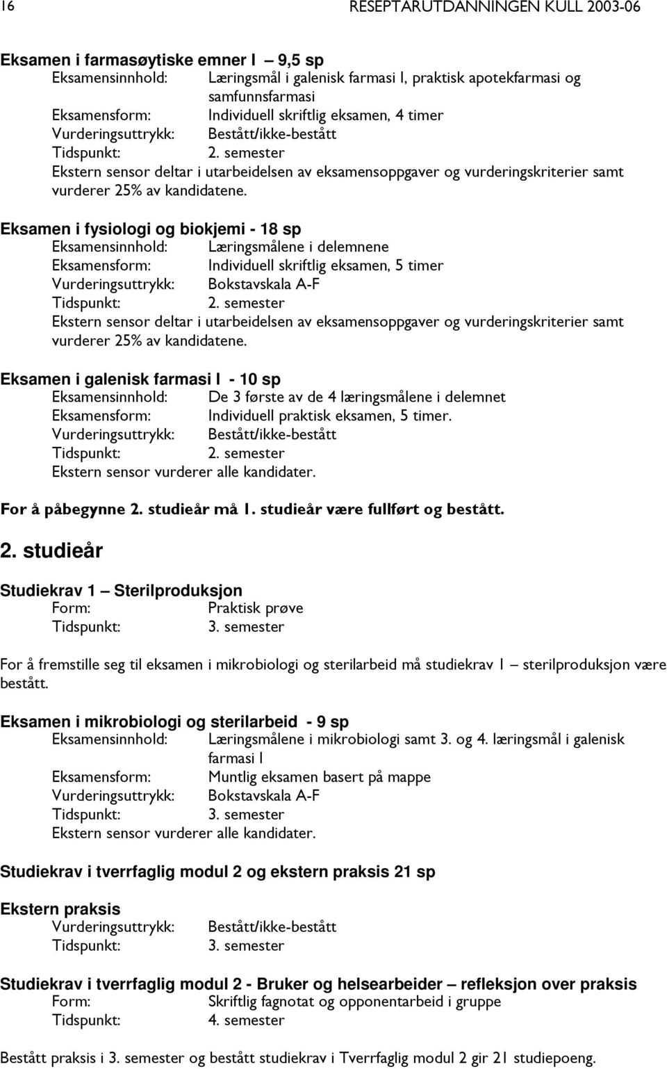 Eksamen i fysiologi og biokjemi - 18 sp Eksamensinnhold: ene i delemnene Eksamensform: Individuell skriftlig eksamen, 5 timer Vurderingsuttrykk: Bokstavskala A-F Tidspunkt: 2.