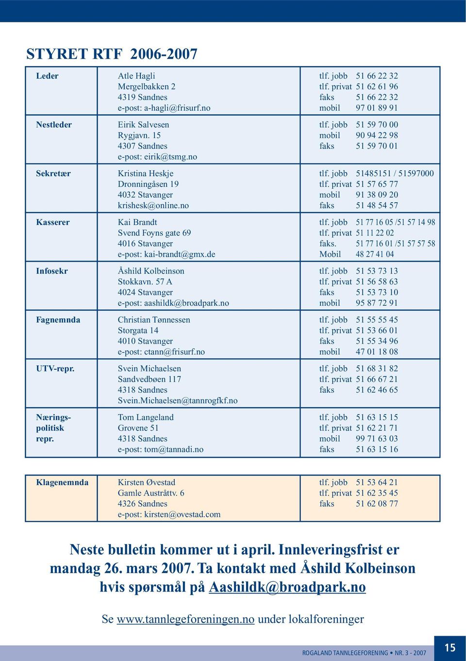 jobb 51485151 / 51597000 Dronningåsen 19 tlf. privat 51 57 65 77 4032 Stavanger mobil 91 38 09 20 krishesk@online.no faks 51 48 54 57 Kasserer Kai Brandt tlf.