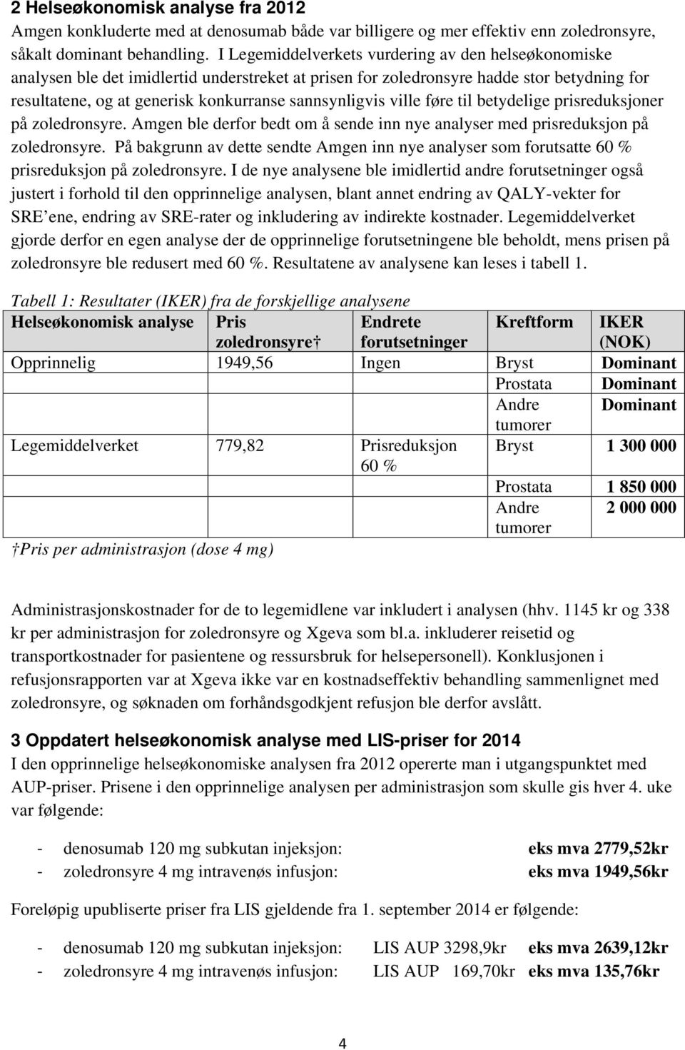 ville føre til betydelige prisreduksjoner på zoledronsyre. Amgen ble derfor bedt om å sende inn nye analyser med prisreduksjon på zoledronsyre.