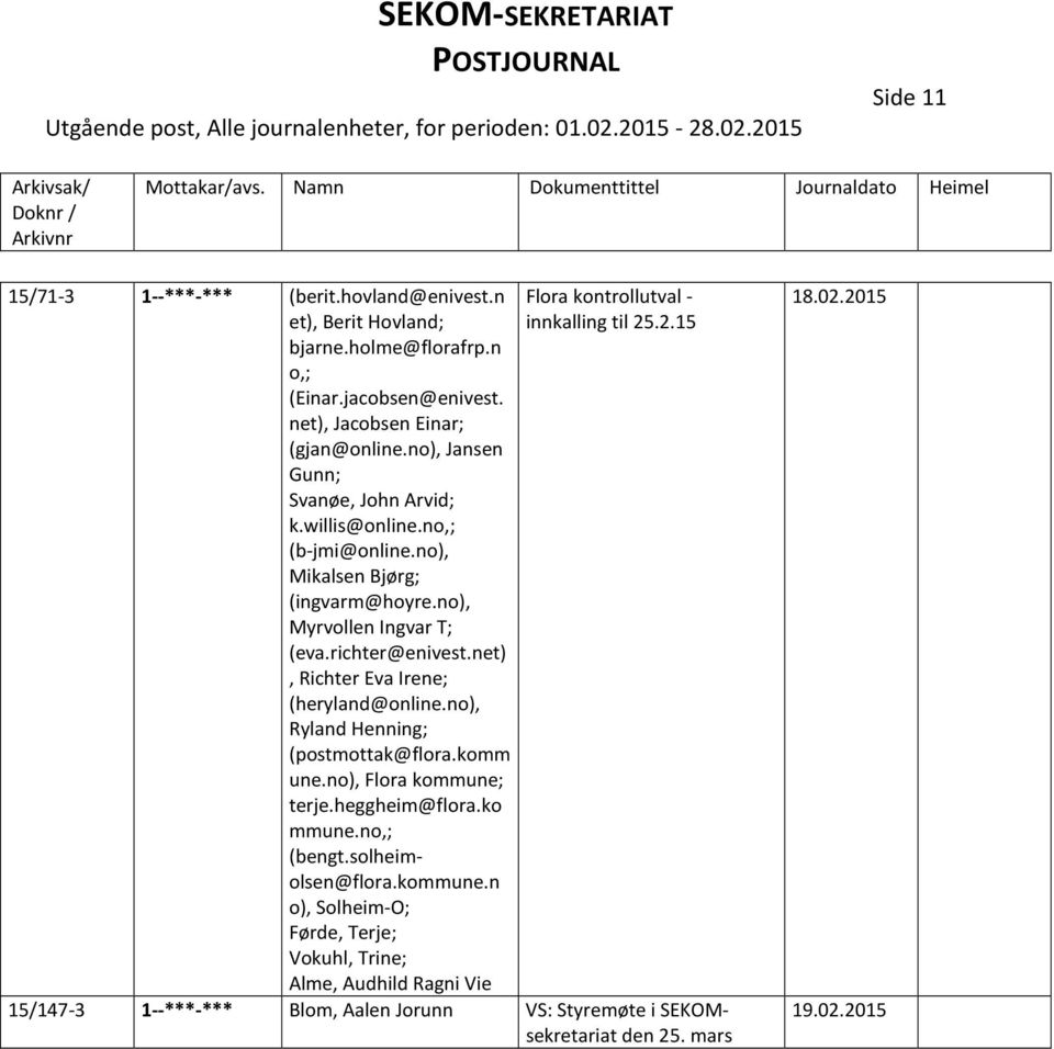 net), Richter Eva Irene; (heryland@online.no), Ryland Henning; (postmottak@flora.komm une.no), Flora terje.heggheim@flora.ko mmune.no,; (bengt.solheimolsen@flora.kommune.