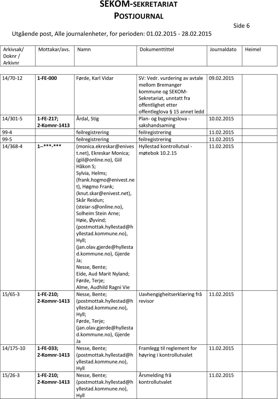 2015 2-Komnr-1413 sakshandsaming 99-4 feilregistrering feilregistrering 11.02.2015 99-5 feilregistrering feilregistrering 11.02.2015 14/368-4 1--***-*** (monica.ekreskar@enives t.