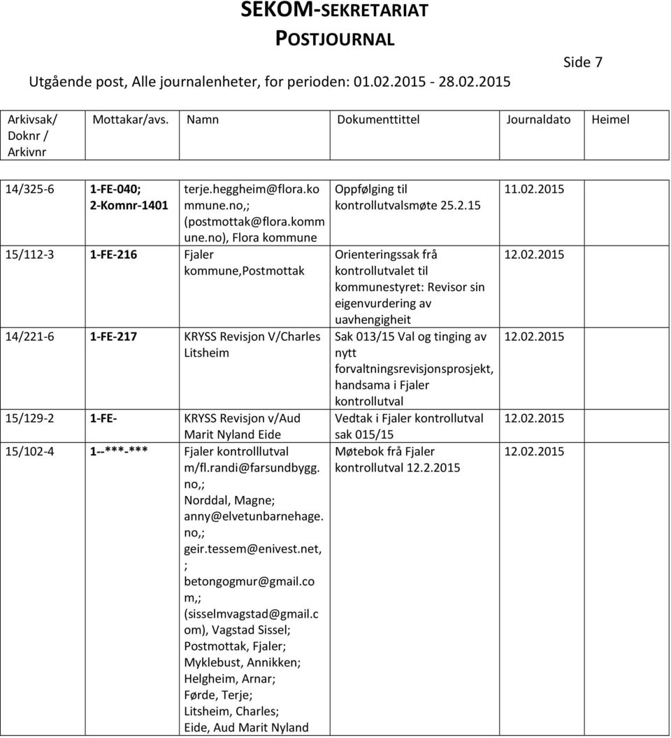 kontrolllutval m/fl.randi@farsundbygg. no,; Norddal, Magne; anny@elvetunbarnehage. no,; geir.tessem@enivest.net, ; betongogmur@gmail.co m,; (sisselmvagstad@gmail.