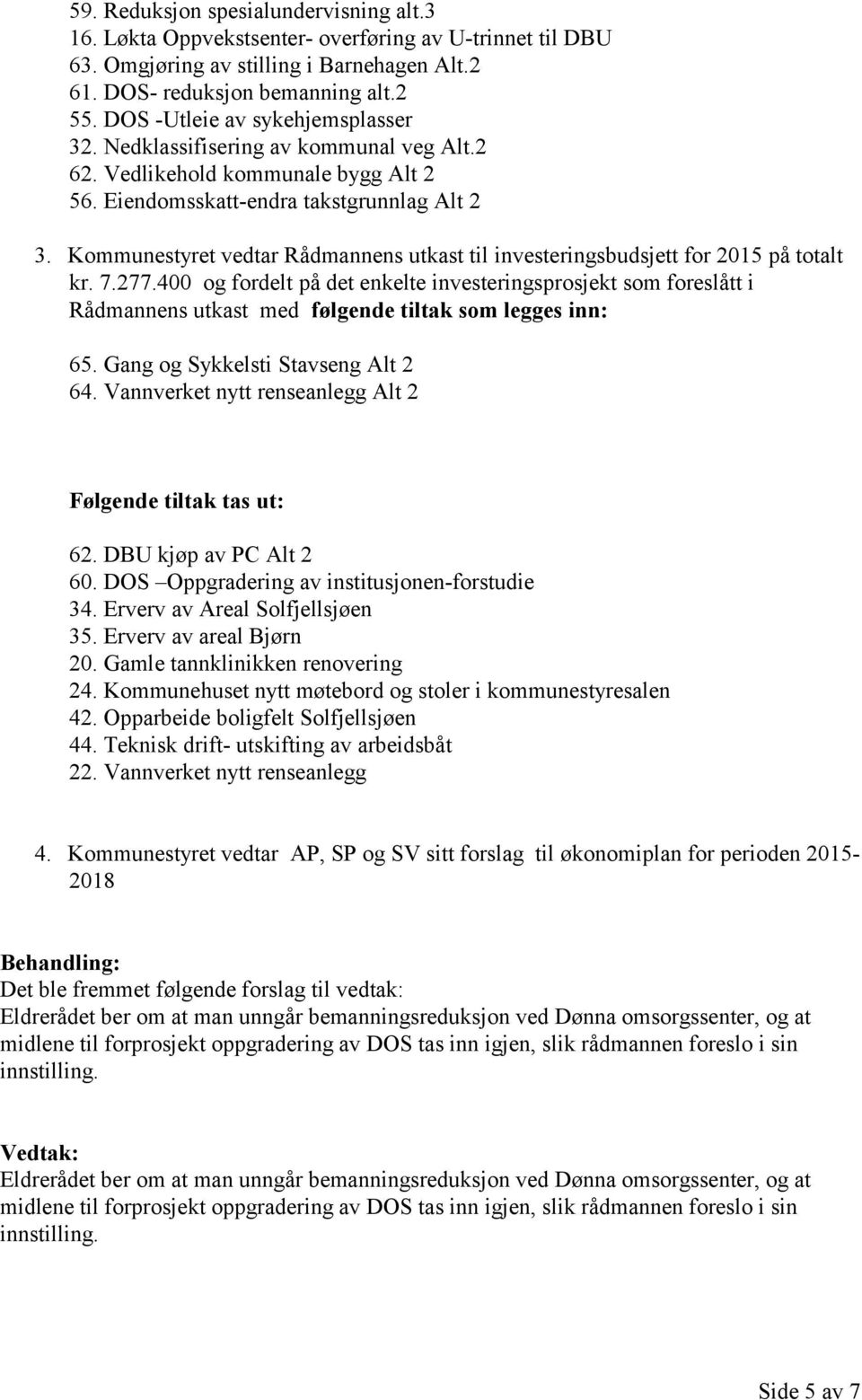 Kommunestyret vedtar Rådmannens utkast til investeringsbudsjett for 2015 på totalt kr. 7.277.