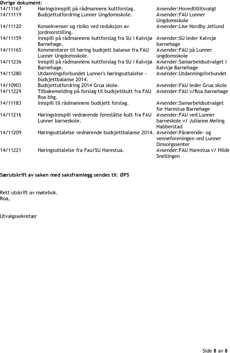 Avsender:SU leder Kalvsjø barnehage 14/11165 Kommentarer til høring budsjett balanse fra FAU Lunner Ungdomsskole.