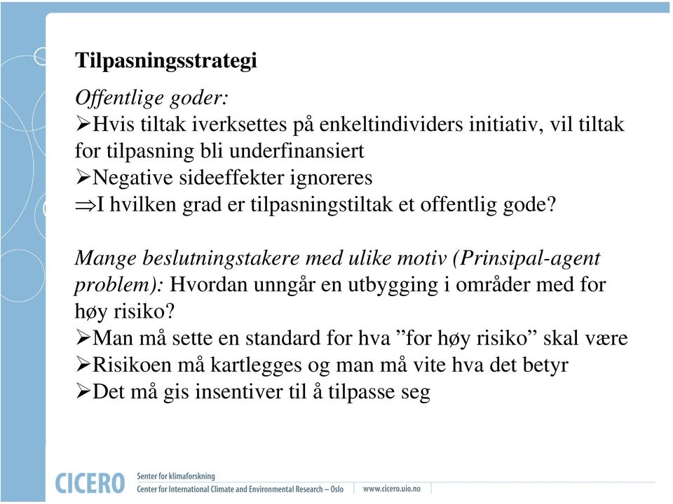 Mange beslutningstakere med ulike motiv (Prinsipal-agent problem): Hvordan unngår en utbygging i områder med for høy risiko?