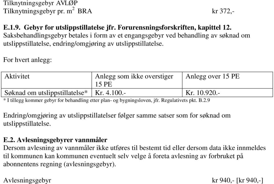 For hvert anlegg: Aktivitet Anlegg som ikke overstiger Anlegg over 15 PE 15 PE Søknad om utslippstillatelse* Kr. 4.100.- Kr. 10.920.