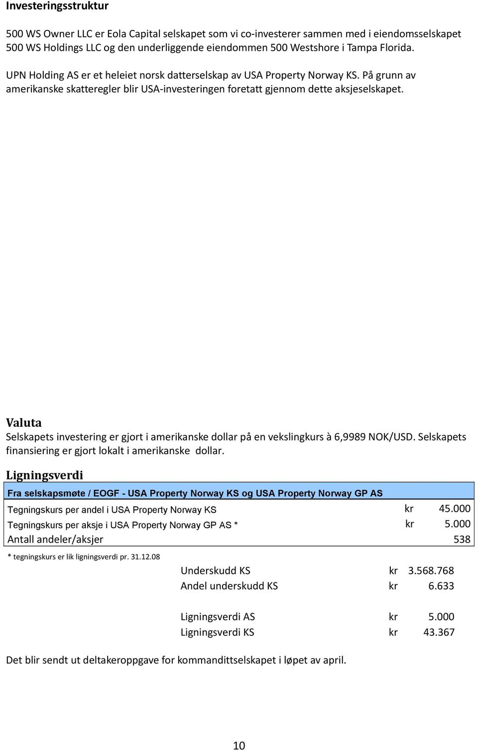 Valuta Selskapets investering er gjort i amerikanske dollar på en vekslingkurs à 6,9989 NOK/USD. Selskapets finansiering er gjort lokalt i amerikanske dollar.