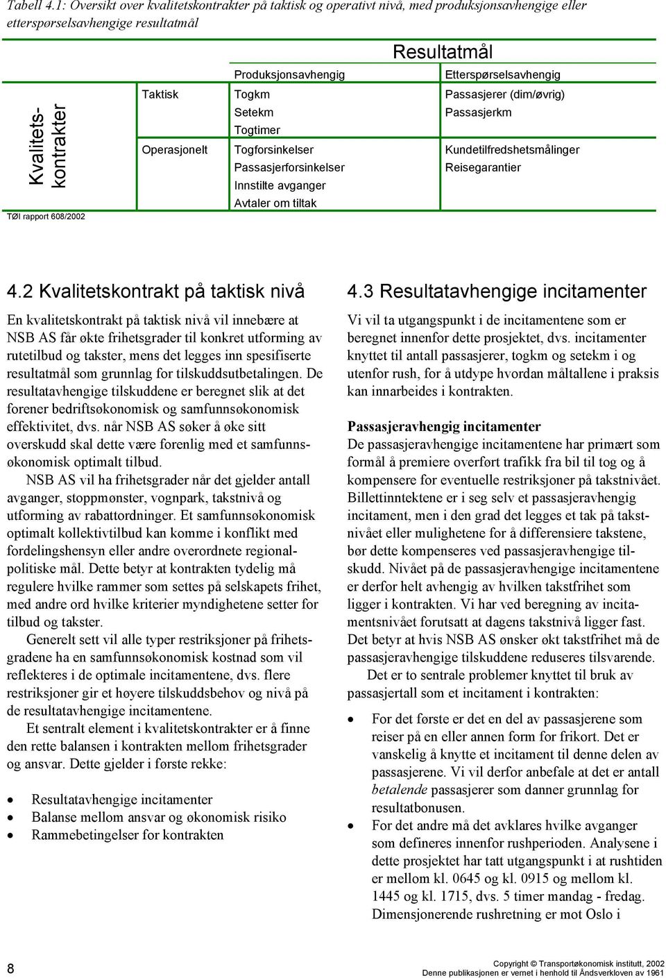 Togforsinkelser Passasjerforsinkelser Innstilte avganger Avtaler om tiltak Etterspørselsavhengig Kvalitetskontrakter TØI rapport 608/2002 Taktisk Operasjonelt Passasjerer (dim/øvrig) Passasjerkm