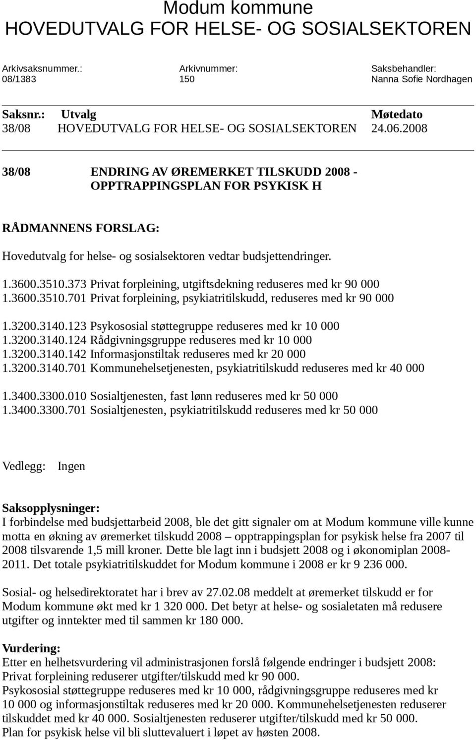 2008 38/08 ENDRING AV ØREMERKET TILSKUDD 2008 - OPPTRAPPINGSPLAN FOR PSYKISK H RÅDMANNENS FORSLAG: Hovedutvalg for helse- og sosialsektoren vedtar budsjettendringer. 1.3600.3510.
