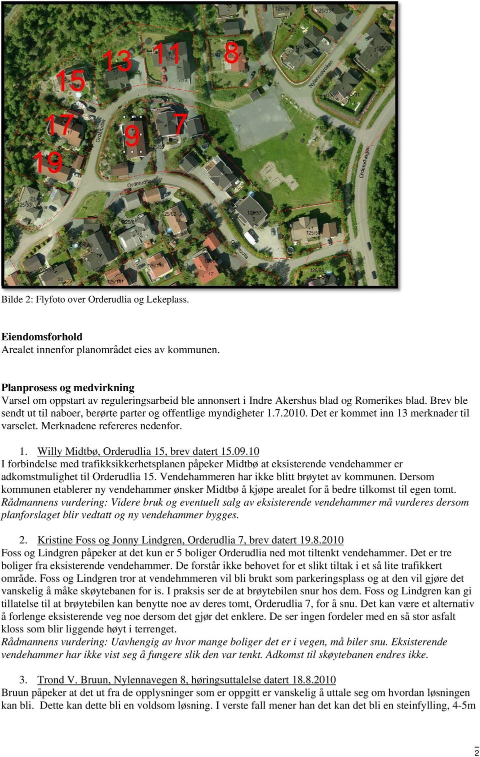 2010. Det er kommet inn 13 merknader til varselet. Merknadene refereres nedenfor. 1. Willy Midtbø, Orderudlia 15, brev datert 15.09.