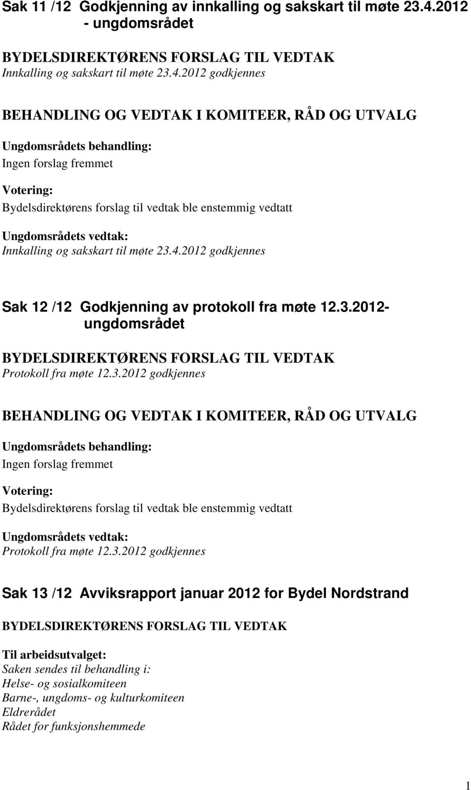 2012 godkjennes BEHANDLING OG VEDTAK I KOMITEER, RÅD OG UTVALG Bydelsdirektørens forslag til vedtak ble enstemmig Innkalling og sakskart til møte 23.4.