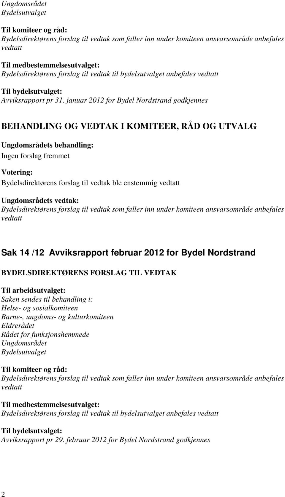 Nordstrand Til arbeidsutvalget: Saken sendes til behandling i: Helse- og sosialkomiteen Barne-, ungdoms- og kulturkomiteen Eldrerådet Rådet for funksjonshemmede Ungdomsrådet Bydelsutvalget