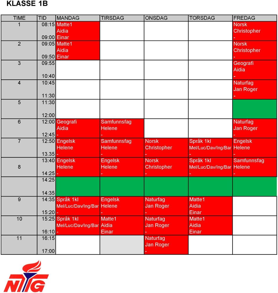 35 13:40 Engelsk Engelsk Norsk Språk 1kl Samfunnsfag 8 Mel/Luc/Dav/Ing/Bar 9 Språk 1kl Engelsk Naturfag Matte1 Mel/Luc/Dav/Ing/Bar Jan Roger