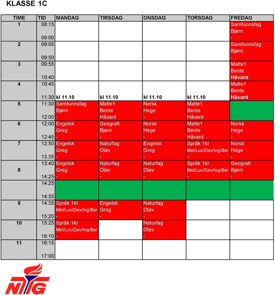 10 Håvard 5 11:30 Samfunnsfag Matte1 Norsk Matte1 Bjørn Bente Hege Bente Håvard Håvard 6 Engelsk Geografi Norsk Matte1 Norsk Greg Bjørn Hege Bente Hege 12:45