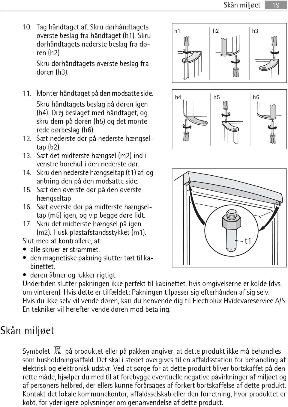 Sæt nederste dør på nederste hængseltap (b2). 13. Sæt det midterste hængsel (m2) ind i venstre borehul i den nederste dør. 14.