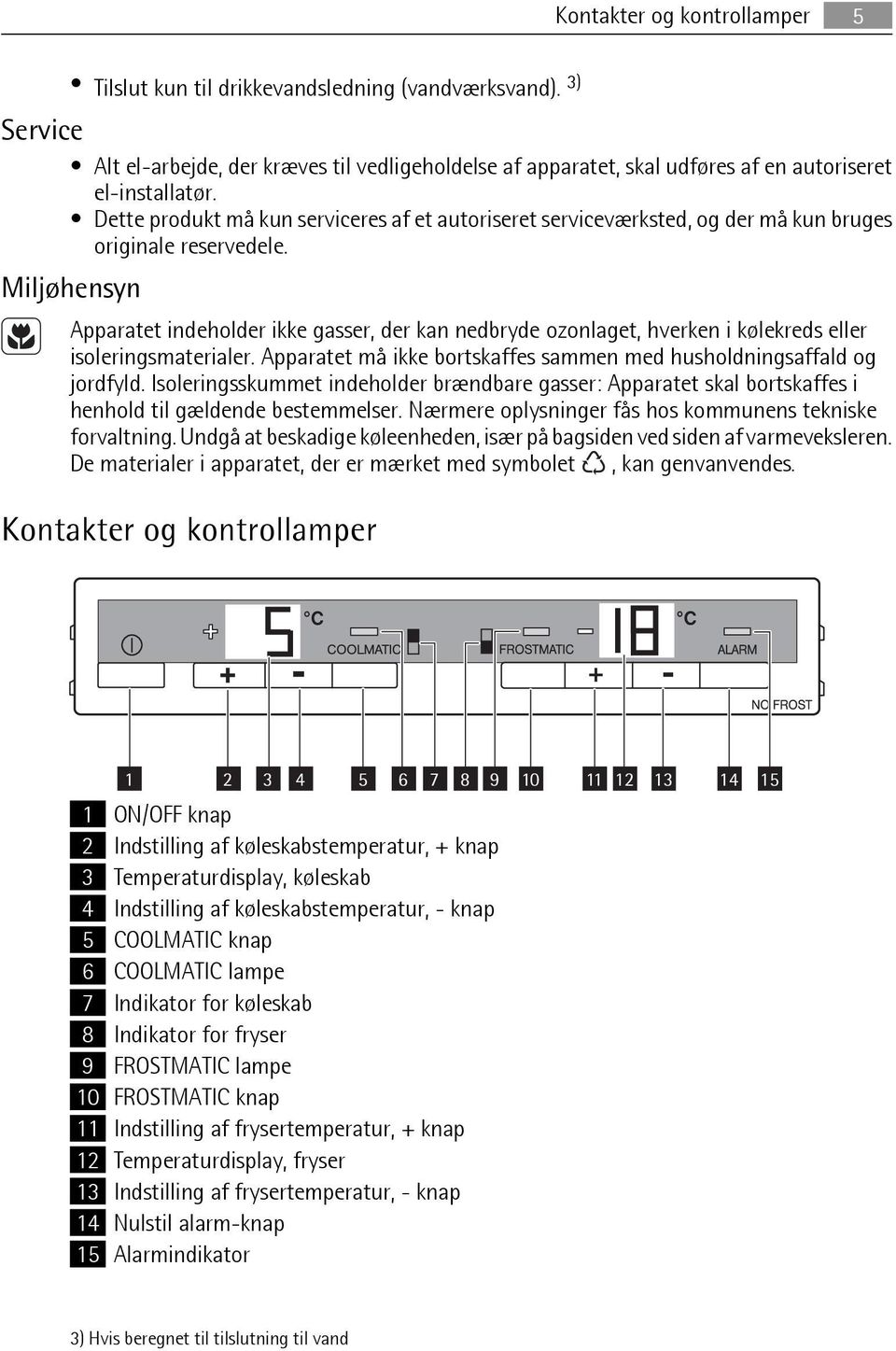 Miljøhensyn Apparatet indeholder ikke gasser, der kan nedbryde ozonlaget, hverken i kølekreds eller isoleringsmaterialer. Apparatet må ikke bortskaffes sammen med husholdningsaffald og jordfyld.