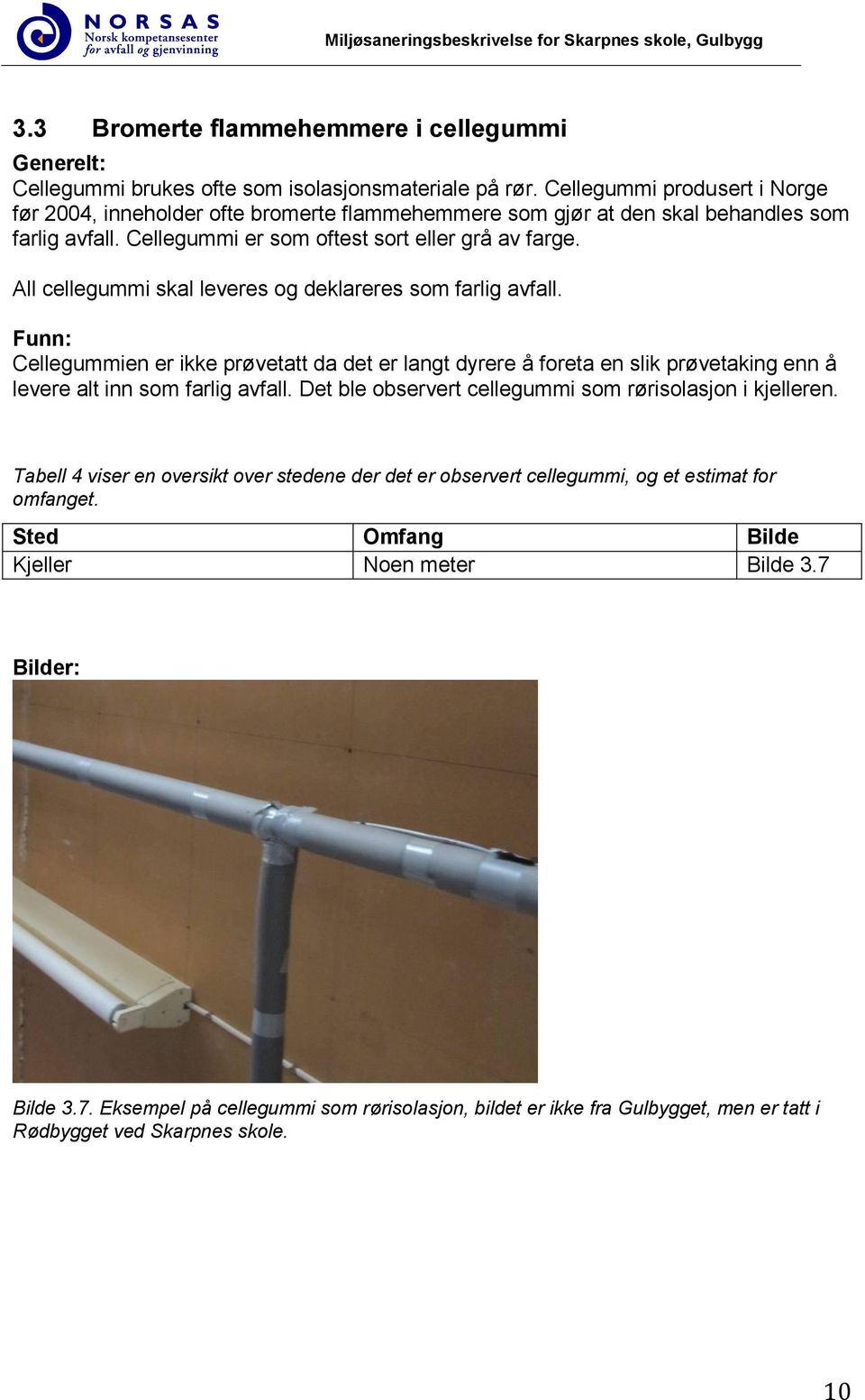 All cellegummi skal leveres og deklareres som farlig avfall. Funn: Cellegummien er ikke prøvetatt da det er langt dyrere å foreta en slik prøvetaking enn å levere alt inn som farlig avfall.