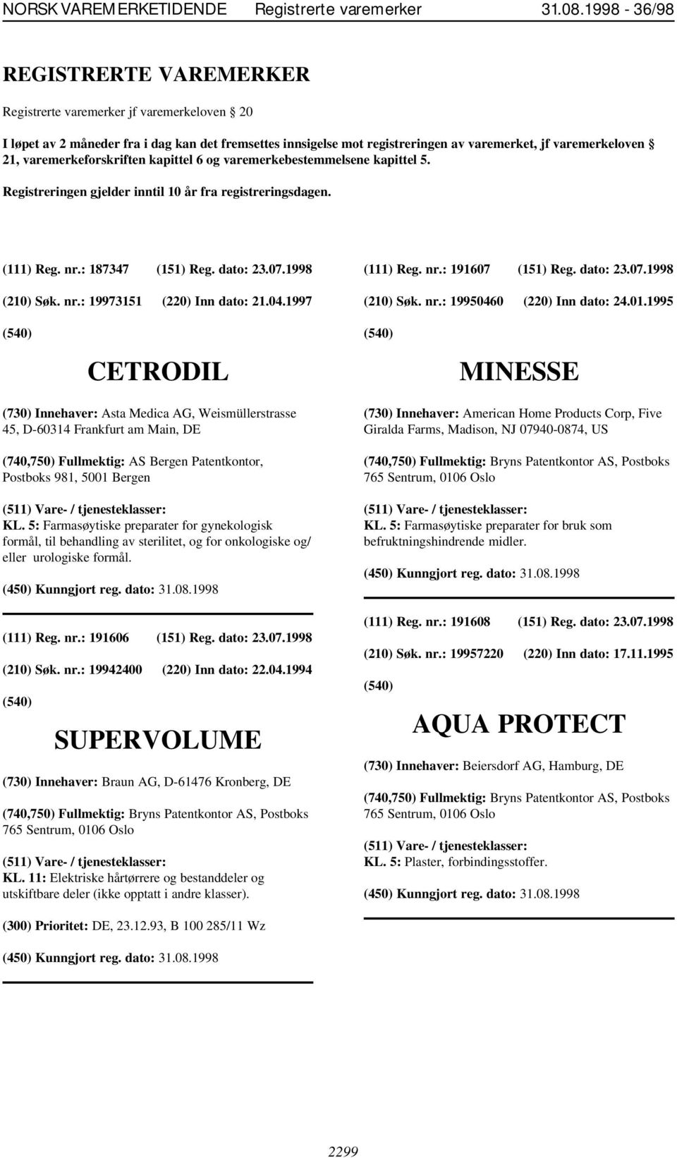 varemerkeforskriften kapittel 6 og varemerkebestemmelsene kapittel 5. Registreringen gjelder inntil 10 år fra registreringsdagen. (111) Reg. nr.: 187347 (151) Reg. dato: 23.07.1998 (210) Søk. nr.: 19973151 (220) Inn dato: 21.
