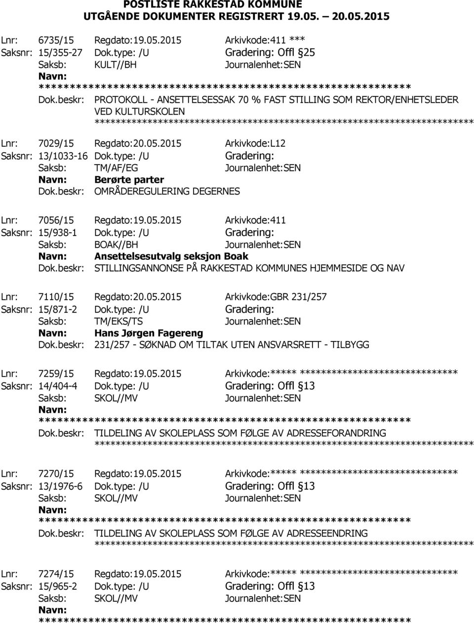 2015 Arkivkode:L12 Saksnr: 13/1033-16 Dok.type: /U Gradering: Saksb: TM/AF/EG Journalenhet:SEN Berørte parter Dok.beskr: OMRÅDEREGULERING DEGERNES Lnr: 7056/15 Regdato:19.05.2015 Arkivkode:411 Saksnr: 15/938-1 Dok.