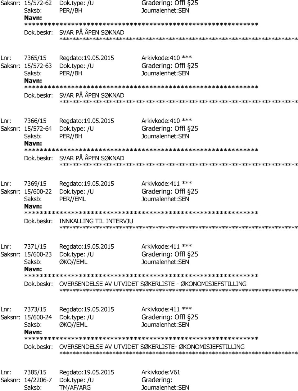 type: /U Gradering: Offl 25 Dok.beskr: INNKALLING TIL INTERVJU ************ Lnr: 7371/15 Regdato:19.05.2015 Arkivkode:411 *** Saksnr: 15/600-23 Dok.