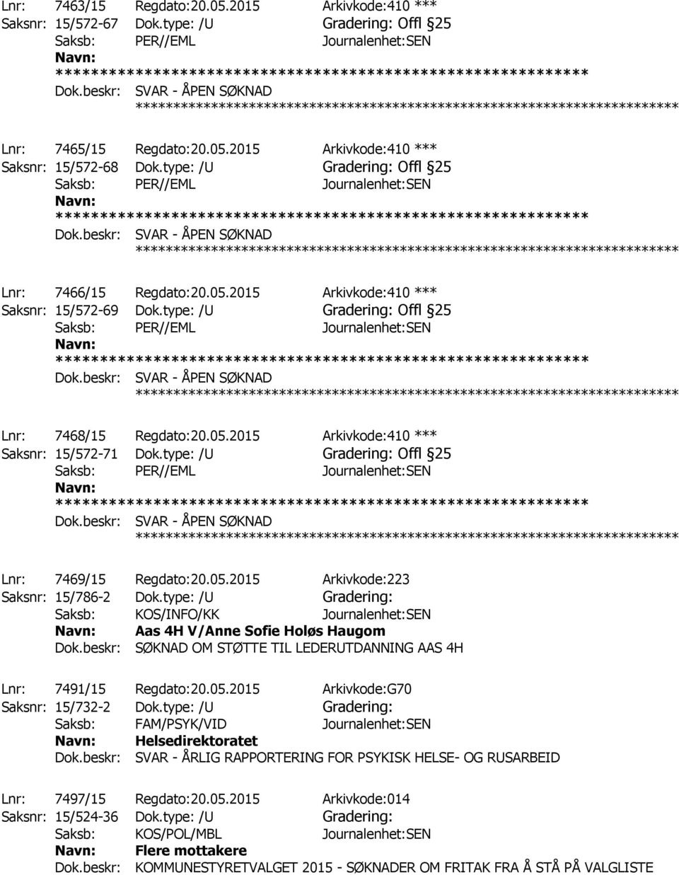 type: /U Gradering: Offl 25 Lnr: 7469/15 Regdato:20.05.2015 Arkivkode:223 Saksnr: 15/786-2 Dok.type: /U Gradering: Saksb: KOS/INFO/KK Journalenhet:SEN Aas 4H V/Anne Sofie Holøs Haugom Dok.