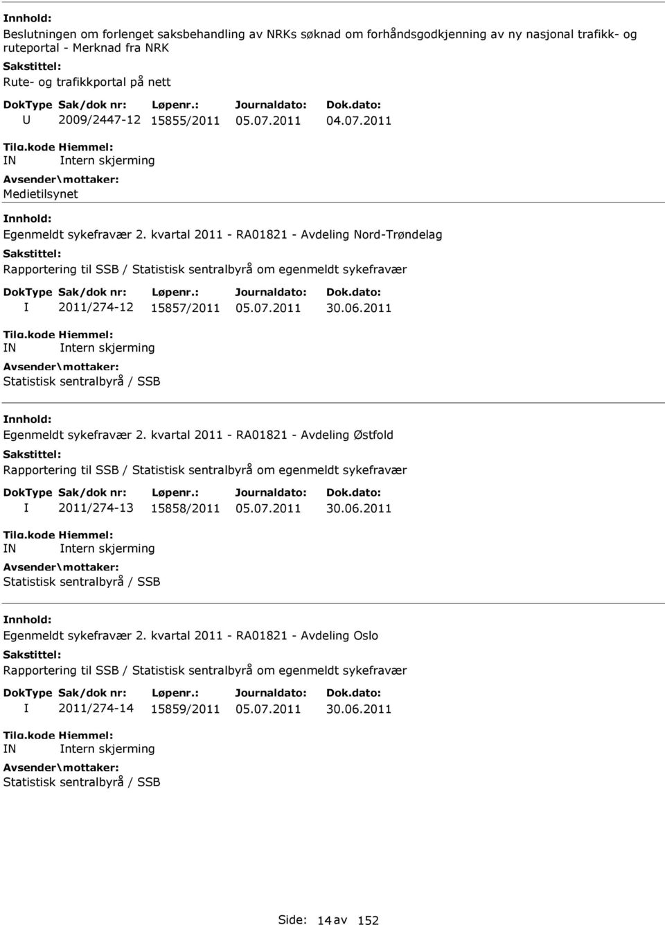 kvartal 2011 - RA01821 - Avdeling Nord-Trøndelag Rapportering til SSB / Statistisk sentralbyrå om egenmeldt sykefravær N 2011/274-12 15857/2011 ntern skjerming Statistisk sentralbyrå / SSB 05.07.