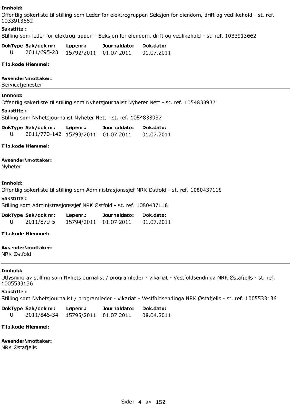 1033913662 2011/695-28 15792/2011 Servicetjenester Offentlig søkerliste til stilling som Nyhetsjournalist Nyheter Nett - st. ref.