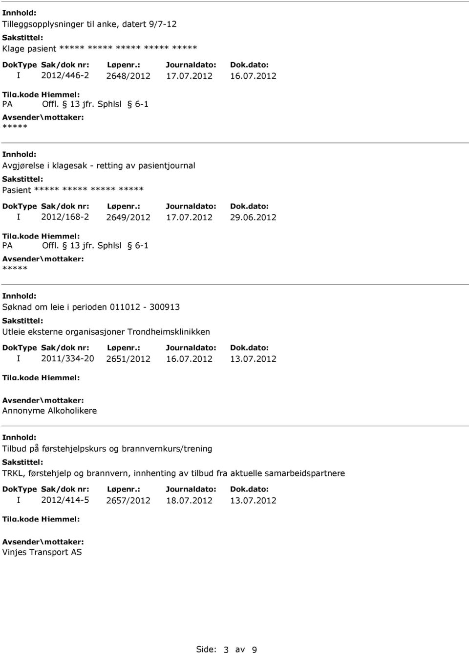 2012 nnhold: Søknad om leie i perioden 011012-300913 tleie eksterne organisasjoner Trondheimsklinikken 2011/334-20 2651/2012 13.07.