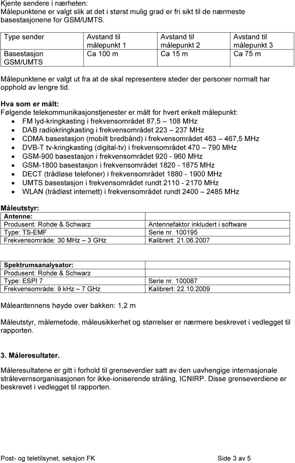 Hva som er målt: Følgende telekommunikasjonstjenester er målt for hvert enkelt målepunkt: FM lyd-kringkasting i frekvensområdet 87,5 108 MHz DAB radiokringkasting i frekvensområdet 223 237 MHz CDMA