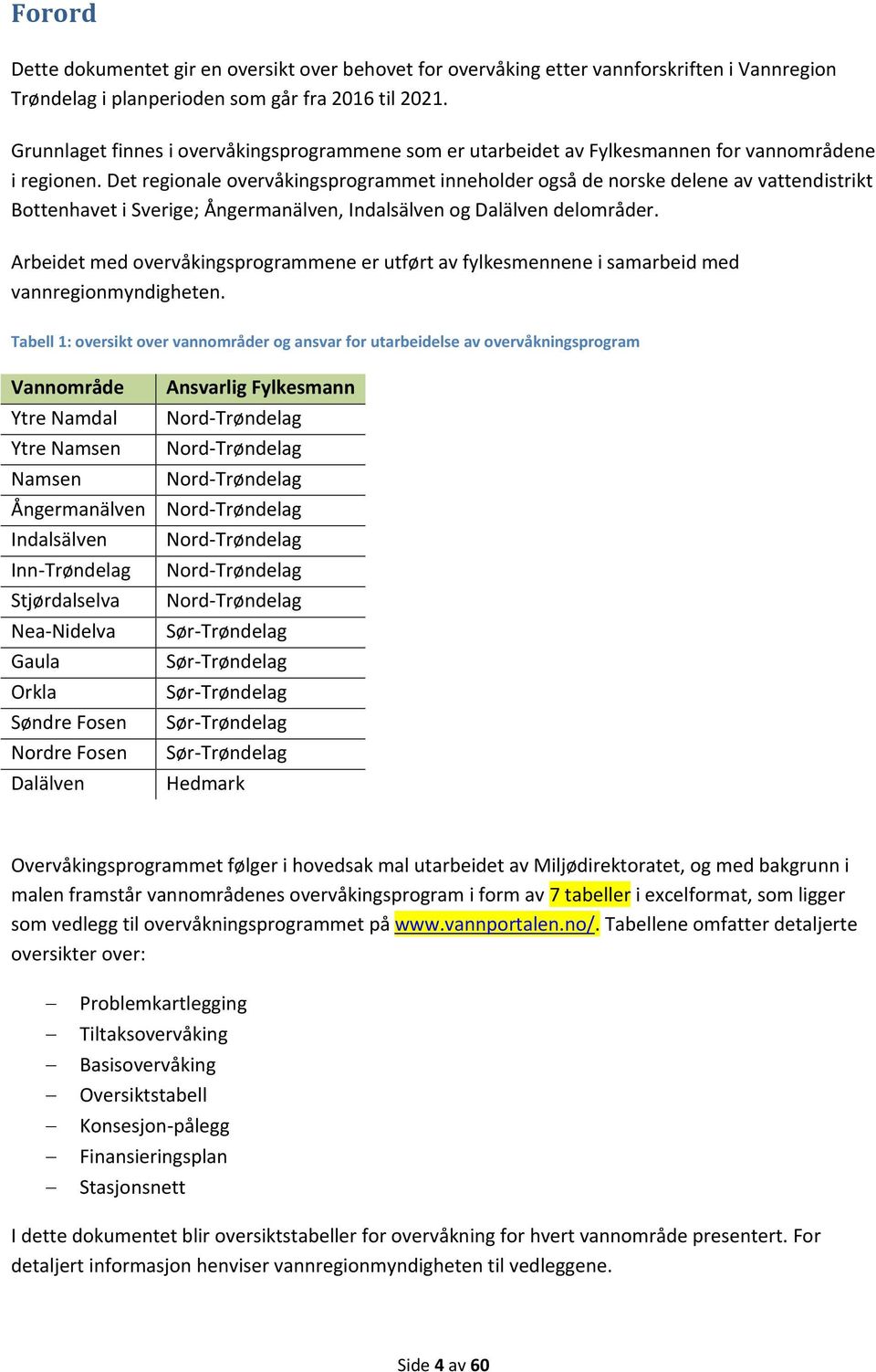 Det reionale overvåkinsprorammet inneholder oså de norske delene av vattendistrikt Bottenhavet i Sverie; Ånermanälven, Indalsälven o Dalälven delområder.