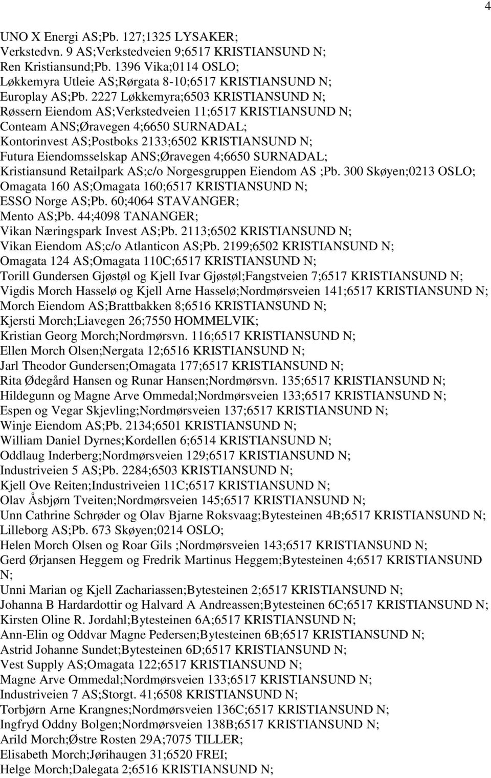 2227 Løkkemyra;6503 KRISTIANSUND N; Røssern Eiendom AS;Verkstedveien 11;6517 KRISTIANSUND N; Conteam ANS;Øravegen 4;6650 SURNADAL; Kontorinvest AS;Postboks 2133;6502 KRISTIANSUND N; Futura