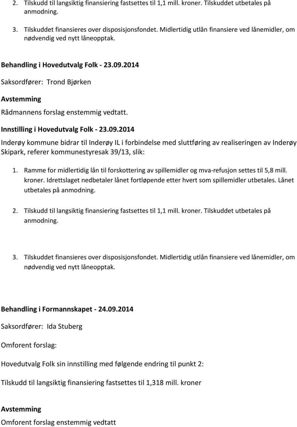 Innstilling i Hovedutvalg Folk - 23.09.2014 Inderøy kommune bidrar til Inderøy IL i forbindelse med sluttføring av realiseringen av Inderøy Skipark, referer kommunestyresak 39/13, slik: 1.