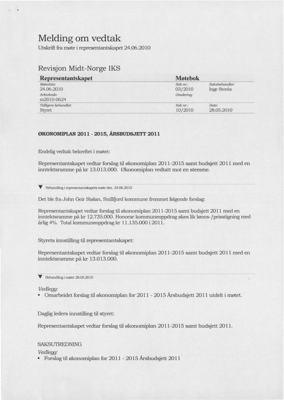 2010 ØKONOMIPLAN 2011-2015, ARSBUDSJETT 2011 Endelig vedtak bekrettet i møtet: Representantskapet vedtar forslag til økonomiplan 2011-2015 samt budsjett 2011 med en inntektsramme på kr 13.013.000.