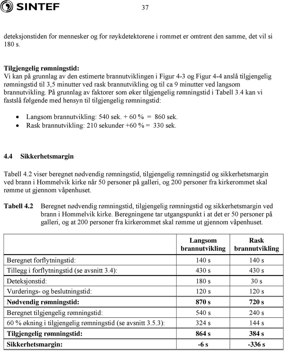 ved langsom brannutvikling. På grunnlag av faktorer som øker tilgjengelig rømningstid i Tabell 3.4 kan vi fastslå følgende med hensyn til tilgjengelig rømningstid: Langsom brannutvikling: 540 sek.