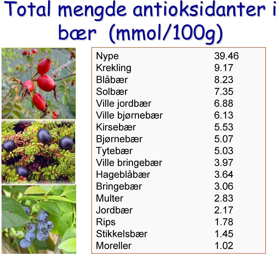 13 Kirsebær 5.53 Bjørnebær 5.07 Tytebær 5.03 Ville bringebær 3.