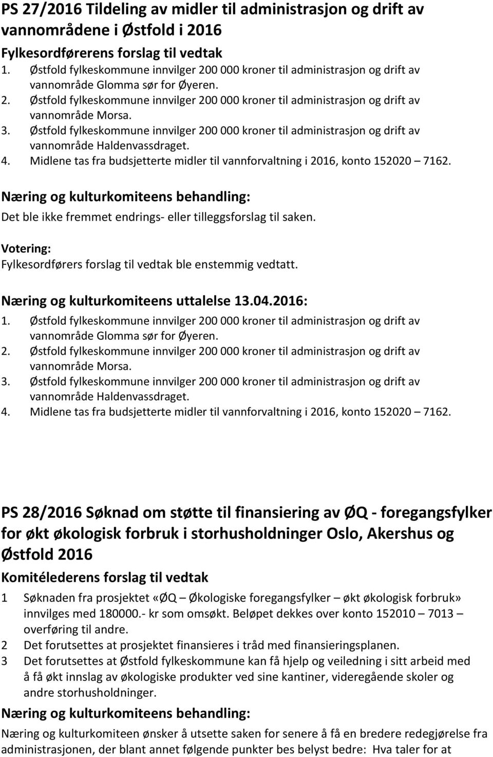 3. Østfold fylkeskommune innvilger 200 000 kroner til administrasjon og drift av vannområde Haldenvassdraget. 4. Midlene tas fra budsjetterte midler til vannforvaltning i 2016, konto 152020 7162.