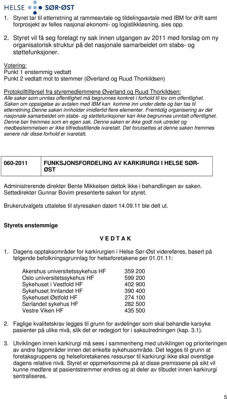 Votering: Punkt 1 enstemmig vedtatt Punkt 2 vedtatt mot to stemmer (Øverland og Ruud Thorkildsen) Protokolltilførsel fra styremedlemmene Øverland og Ruud Thorkildsen: Alle saker som unntas