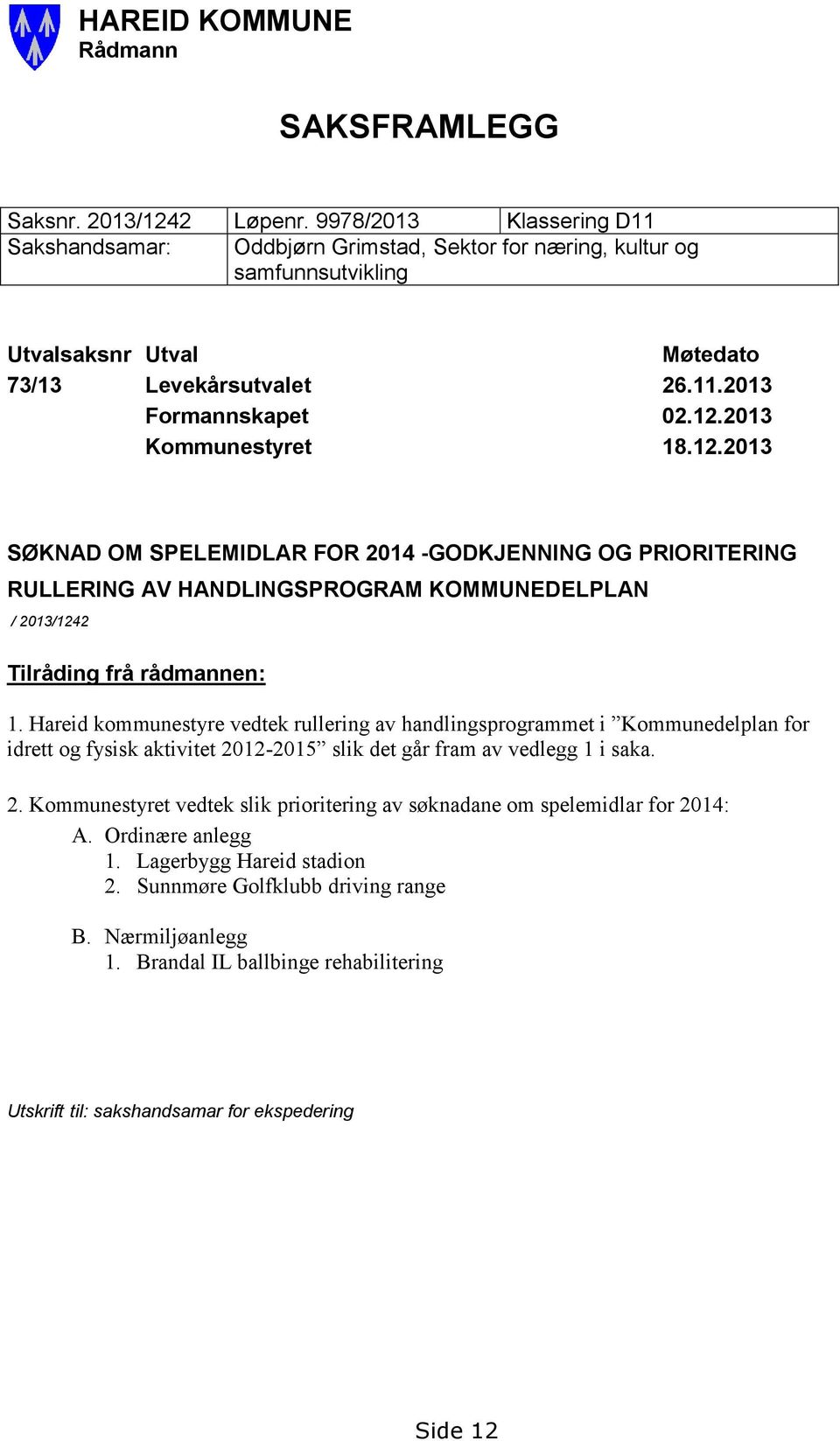 2013 Kommunestyret 18.12.2013 SØKNAD OM SPELEMIDLAR FOR 2014 -GODKJENNING OG PRIORITERING RULLERING AV HANDLINGSPROGRAM KOMMUNEDELPLAN / 2013/1242 Tilråding frå rådmannen: 1.