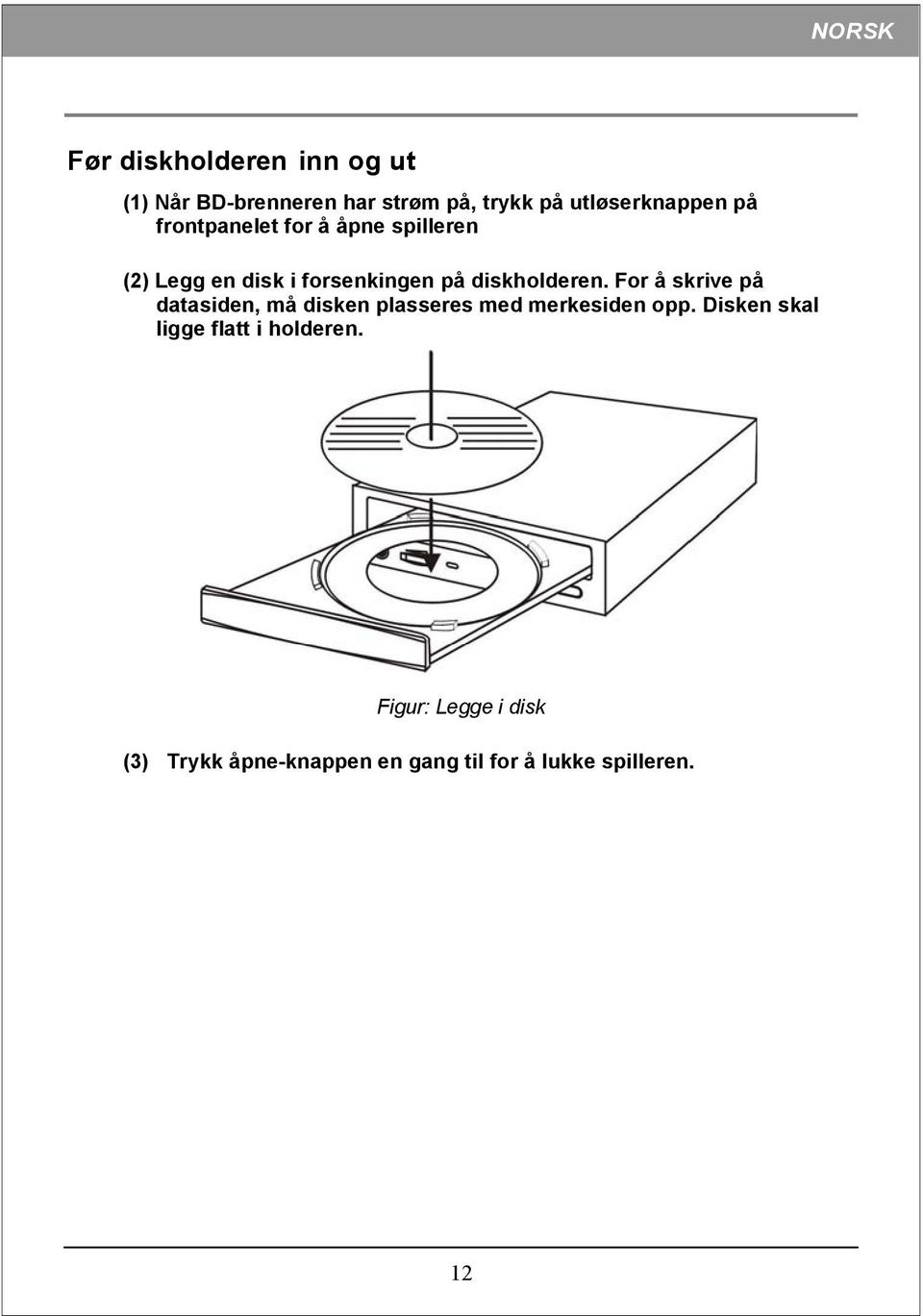 For å skrive på datasiden, må disken plasseres med merkesiden opp.