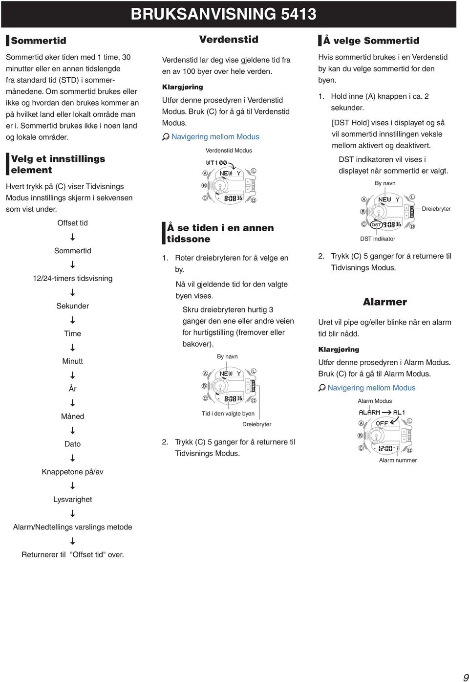 Velg et innstillings element Hvert trykk å (C) viser Tidvisnings Modus innstillings skjerm i sekvensen som vist under.