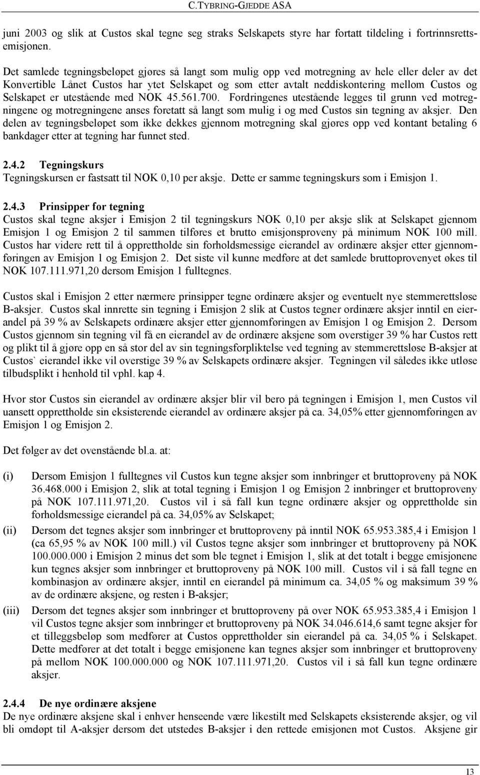 Selskapet er utestående med NOK 45.561.700. Fordringenes utestående legges til grunn ved motregningene og motregningene anses foretatt så langt som mulig i og med Custos sin tegning av aksjer.