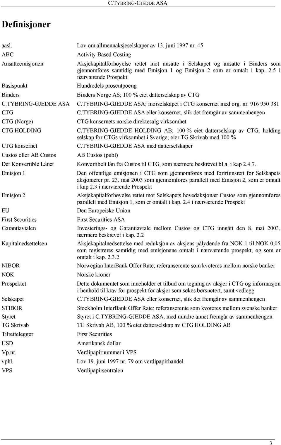 Basispunkt Hundredels prosentpoeng Binders Binders Norge AS; 100 % eiet datterselskap av CTG C.TYBRING-GJEDDE ASA C.TYBRING-GJEDDE ASA; morselskapet i CTG konsernet med org. nr. 916 950 381 CTG C.