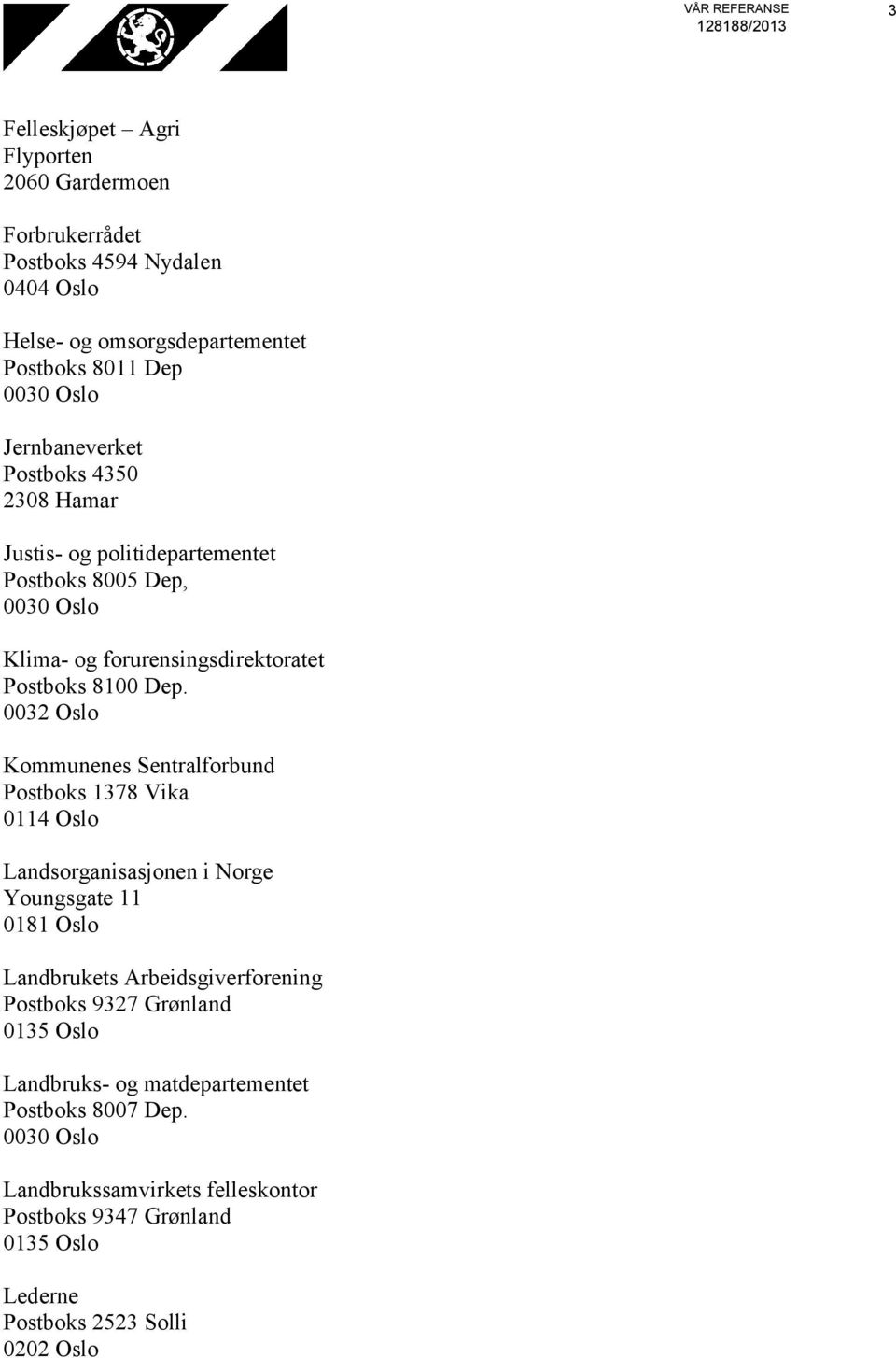 0032 Oslo Kommunenes Sentralforbund Postboks 1378 Vika 0114 Oslo Landsorganisasjonen i Norge Youngsgate 11 0181 Oslo Landbrukets Arbeidsgiverforening Postboks