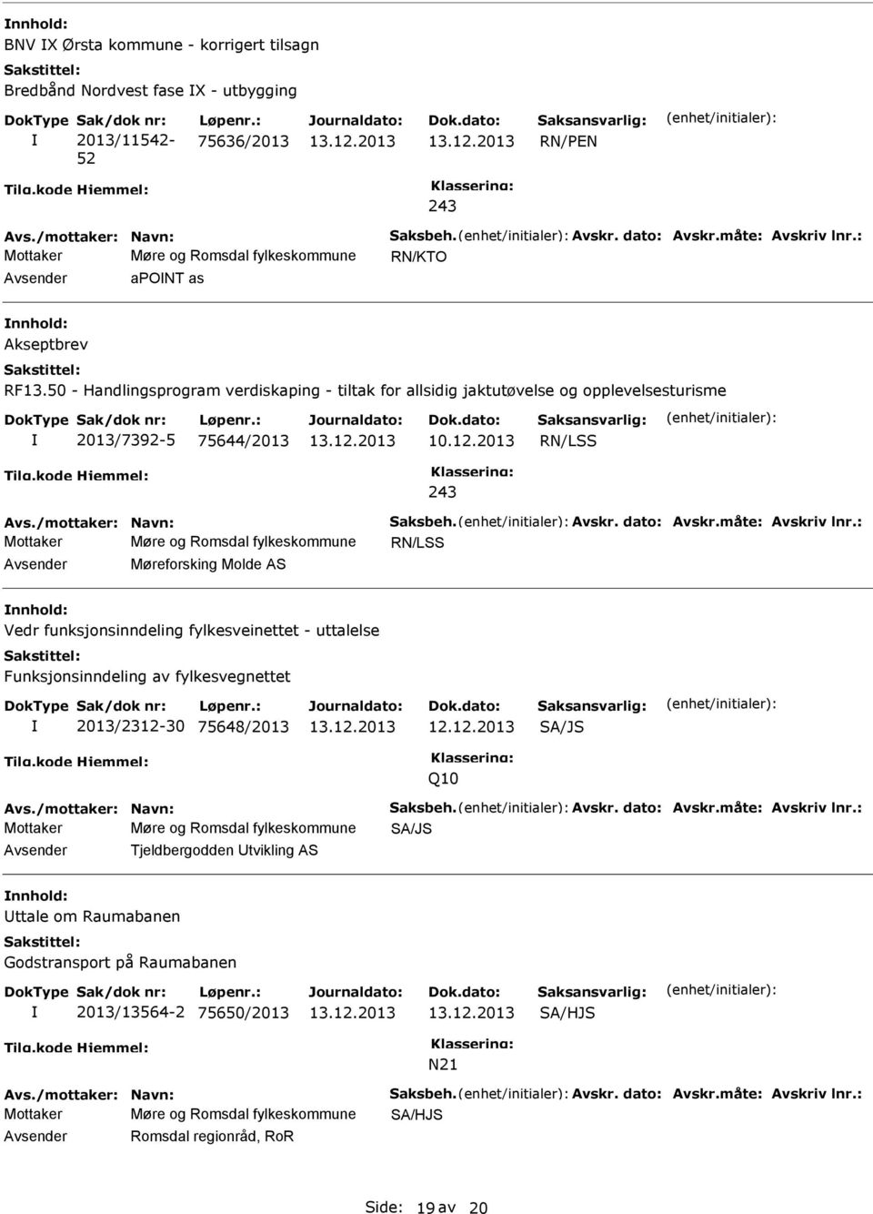 50 - Handlingsprogram verdiskaping - tiltak for allsidig jaktutøvelse og opplevelsesturisme 2013/7392-5 75644/2013 RN/LSS 243 Mottaker Møre og Romsdal fylkeskommune RN/LSS Avsender Møreforsking Molde