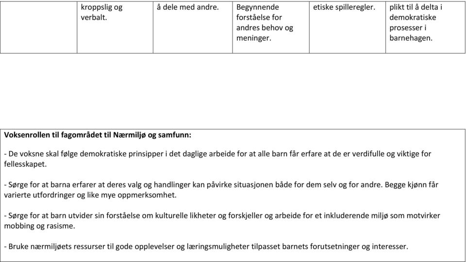 - Sørge for at barna erfarer at deres valg og handlinger kan påvirke situasjonen både for dem selv og for andre. Begge kjønn får varierte utfordringer og like mye oppmerksomhet.