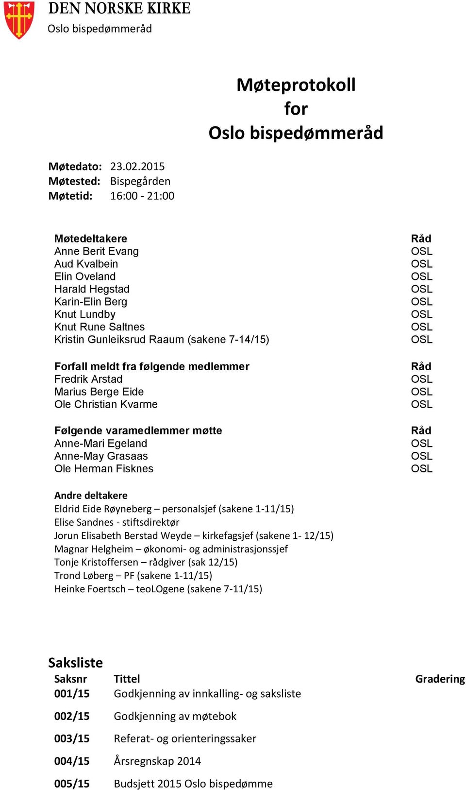 7-14/15) Forfall meldt fra følgende medlemmer Fredrik Arstad Marius Berge Eide Ole Christian Kvarme Følgende varamedlemmer møtte Anne-Mari Egeland Anne-May Grasaas Ole Herman Fisknes Råd Råd Råd