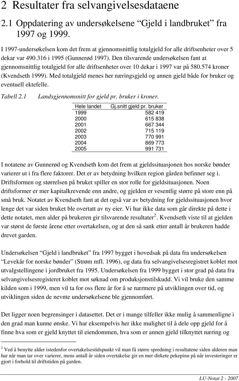 Den tilsvarende undersøkelsen fant at gjennomsnittlig totalgjeld for alle driftsenheter over 10 dekar i 1997 var på 580.574 kroner (Kvendseth 1999).