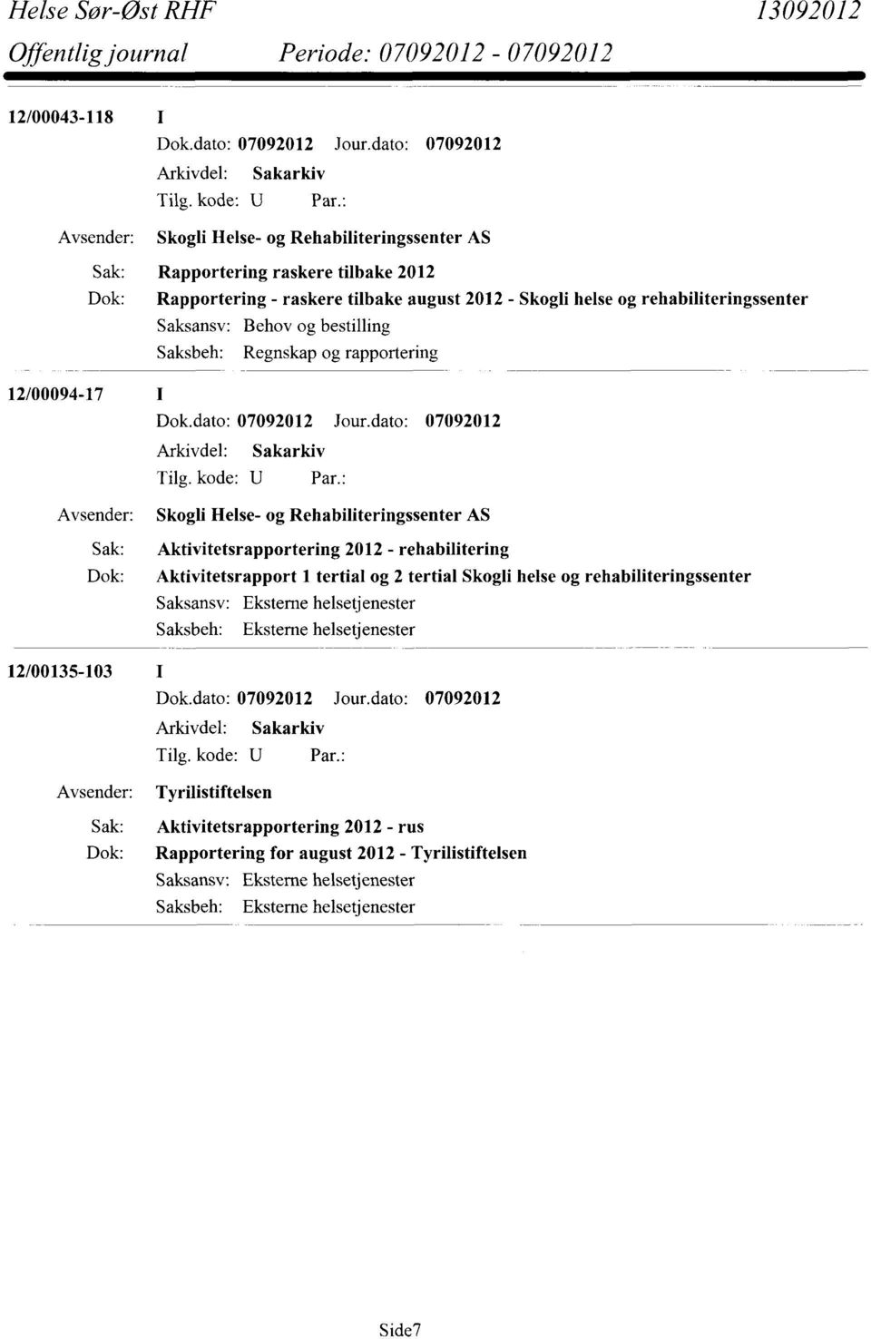 Skogli Helse- og Rehabiliteringssenter AS Sak: Aktivitetsrapportering 2012 - rehabilitering Dok: Aktivitetsrapport 1 tertial og 2 tertial Skogli