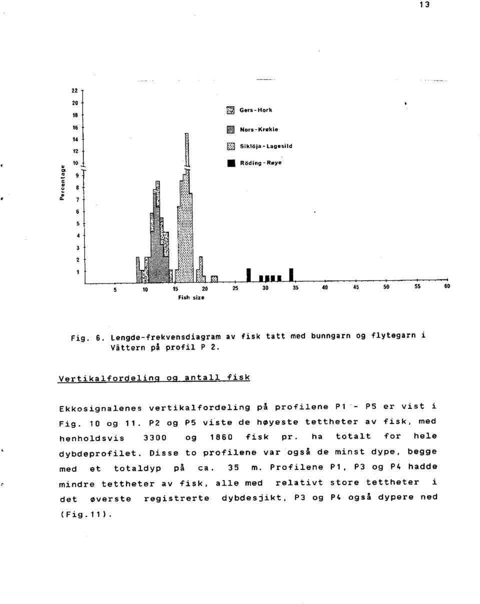 Vertikalfordeling og antall fisk Ekkosignalenes vertikalfordeling på profilene P1 - PS er vist i Fig. 10 og 11.