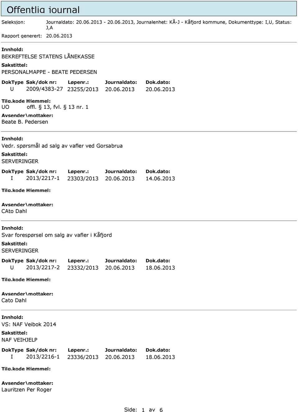 spørsmål ad salg av vafler ved Gorsabrua SERVERNGER 2013/2217-1 23303/2013 14.06.